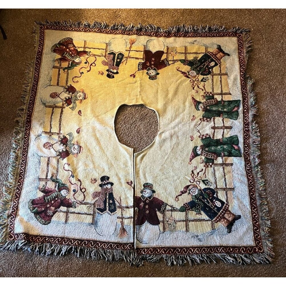 Vintage Tapestry snowman Christmas Tree Skirt Square 54 x 54